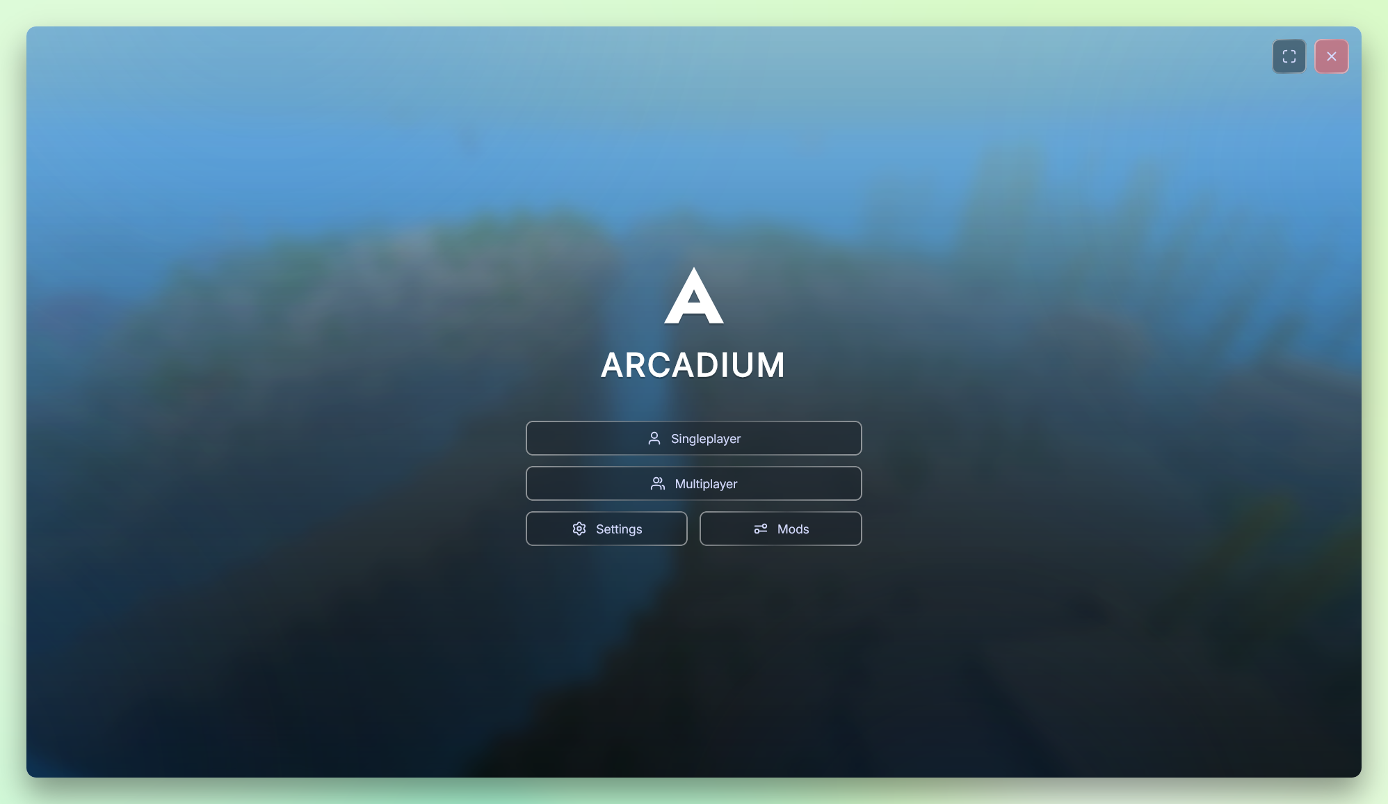 Arcadium main menu with Singleplayer, Multiplayer, Settings and Mods over the Minecraft panorama.