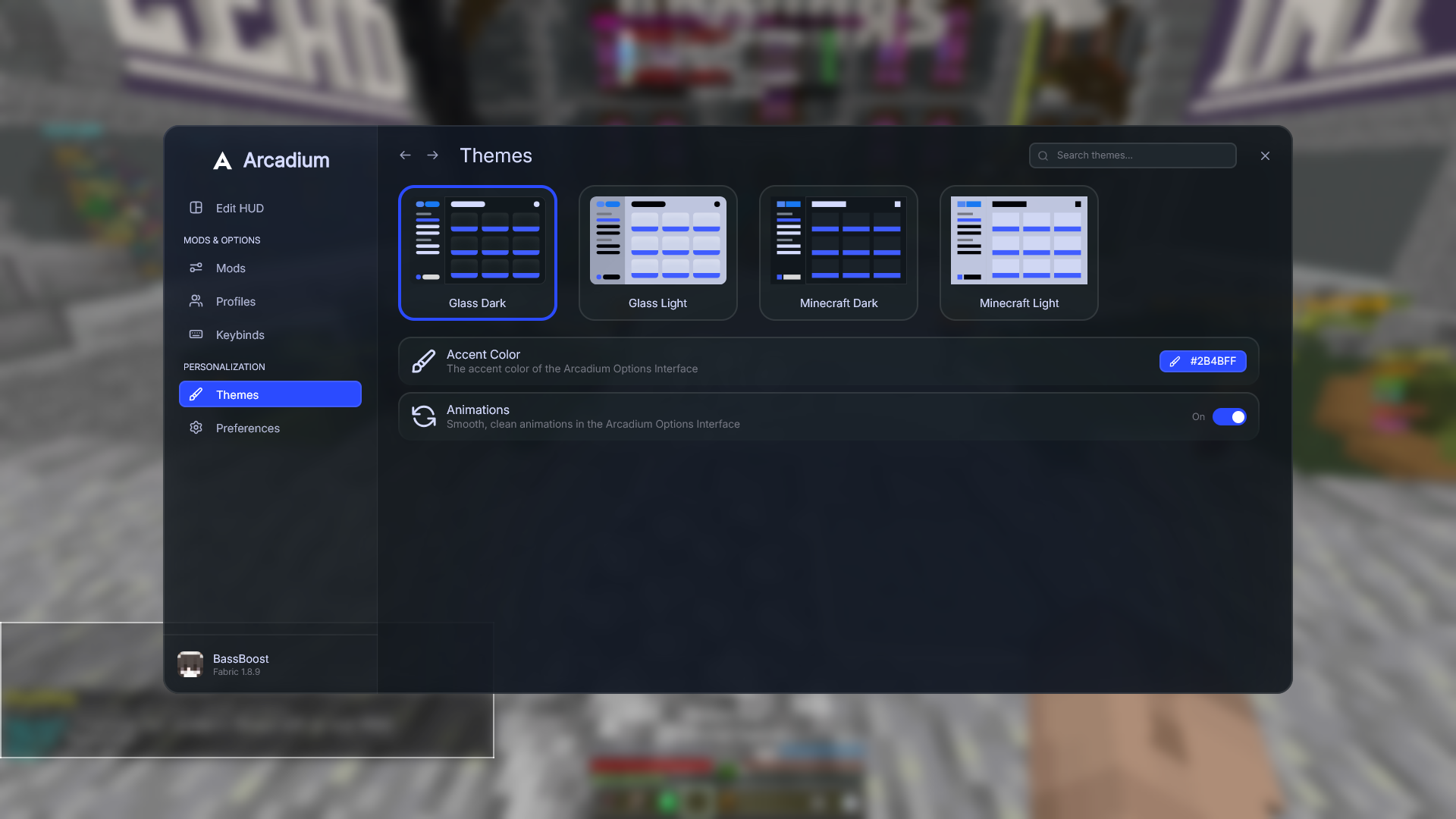 Arcadium Options in Glass Dark, with theme selection, accent colour and animation settings.