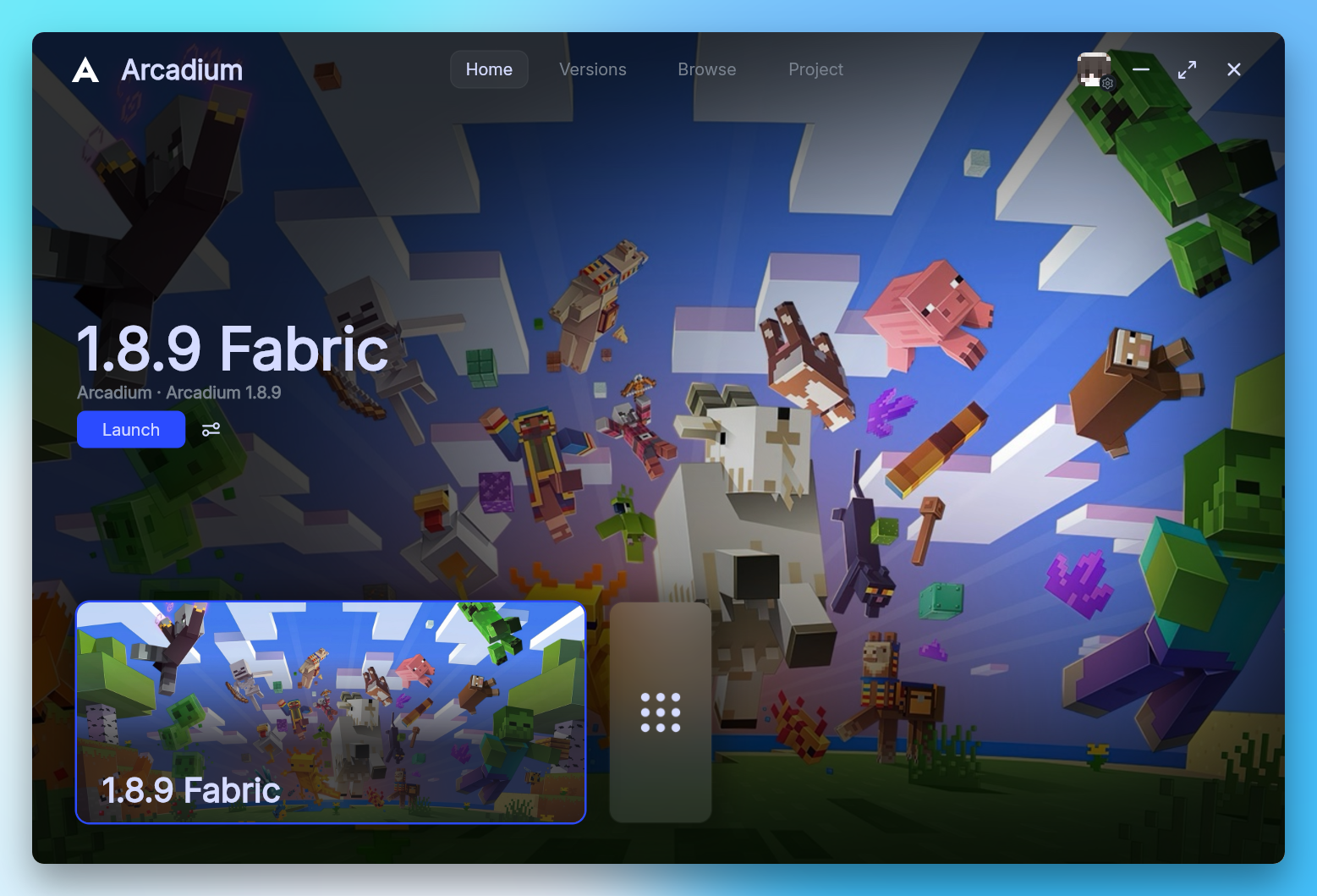 The Arcadium Windows launcher with the Minecraft 1.8.9 installation and Launch button.